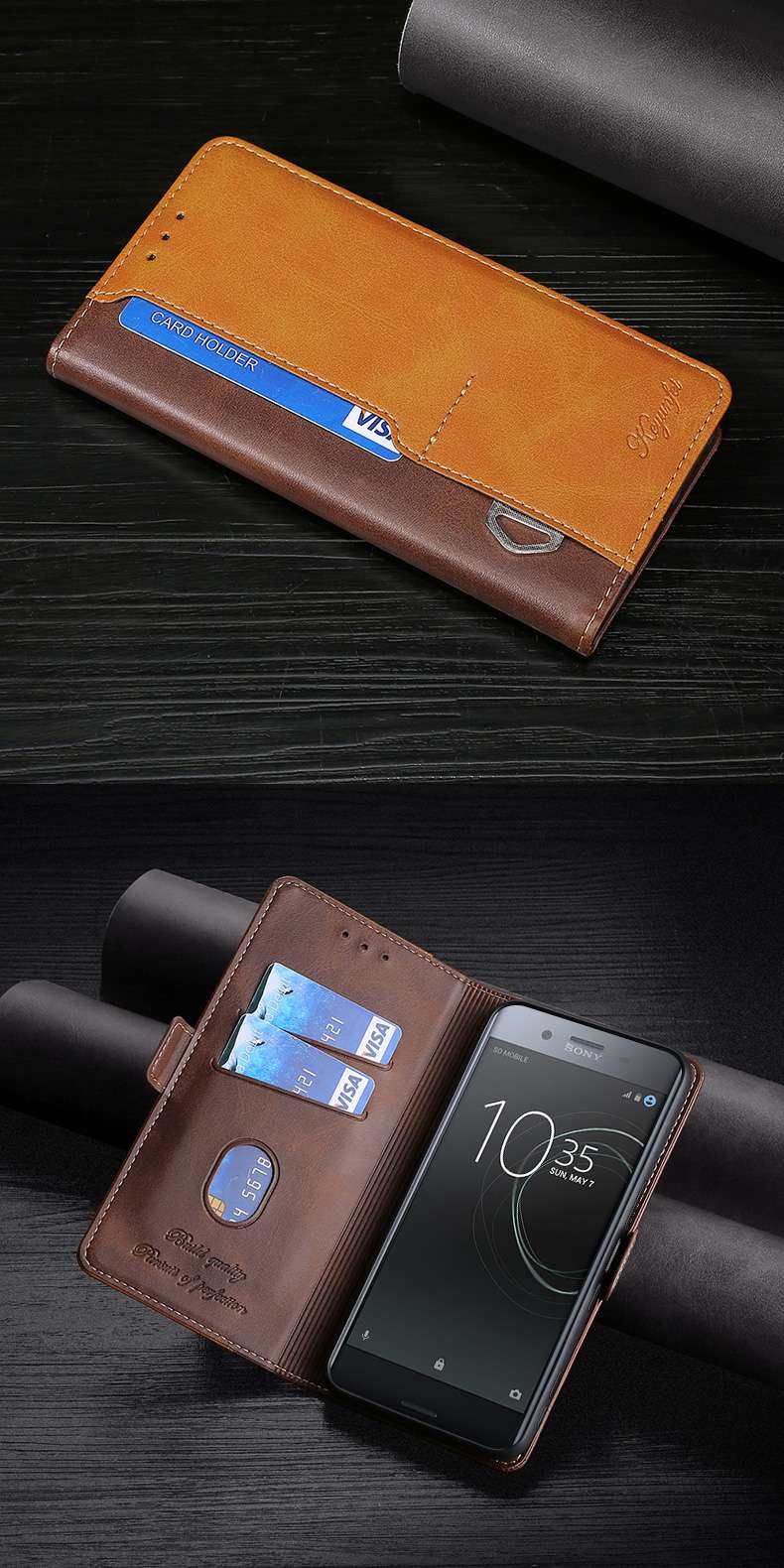 手帳型スマホケース  エクスペリア用高級レザー手帳型ケース