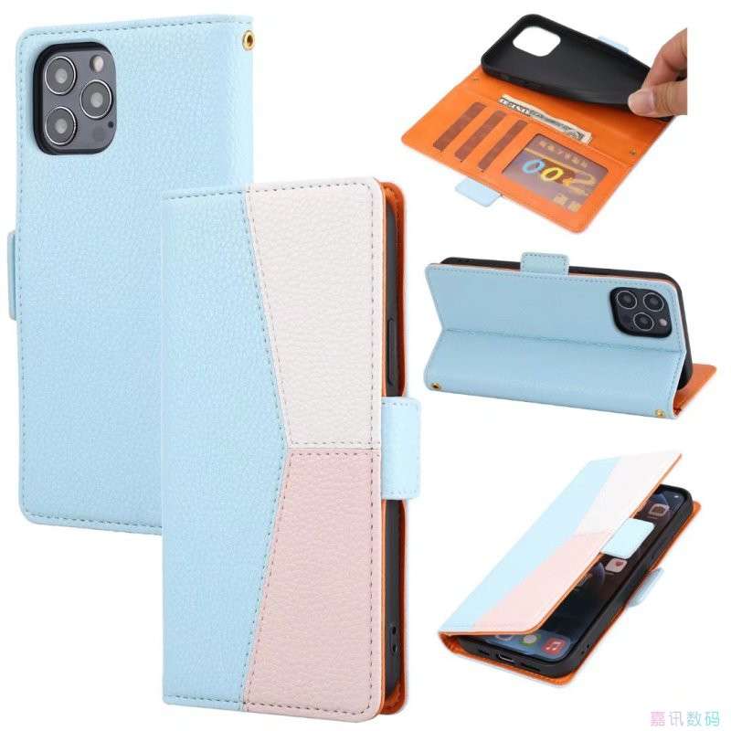 手帳型スマホケース  パステルカラー 三色切替 カード収納付き iPhoneケース