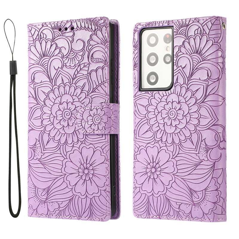 手帳型スマホケース  Galaxy花柄エンボス加工手帳型ケース