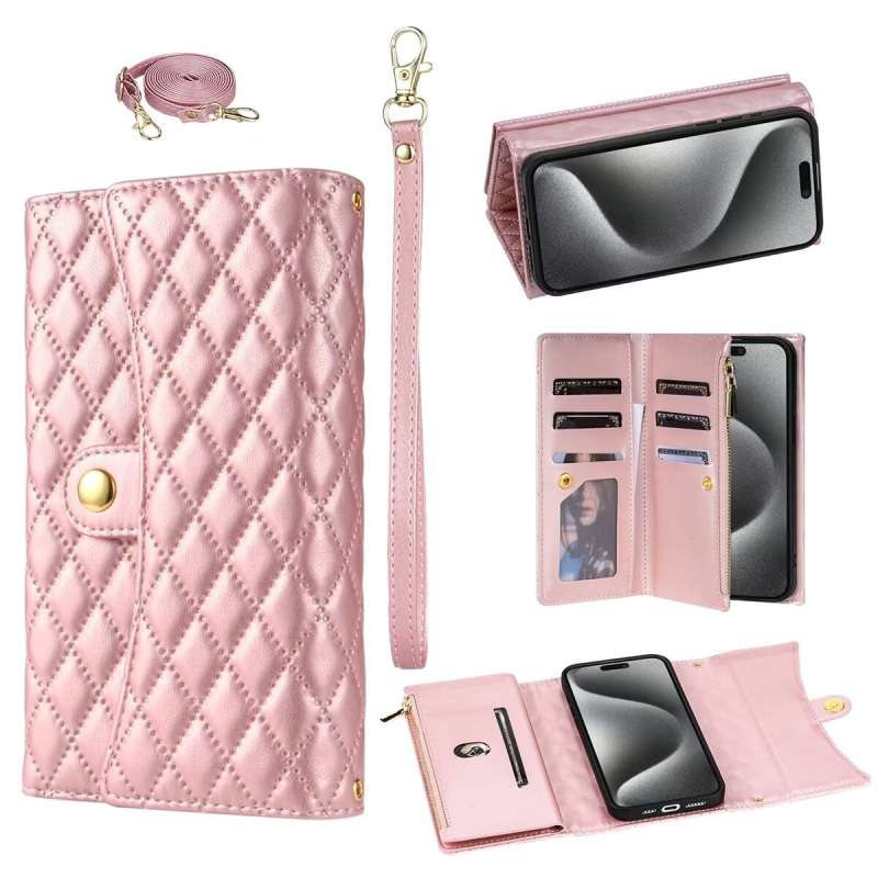 手帳型スマホケース  キルティング加工レザー調マルチ機能手帳型ケース
