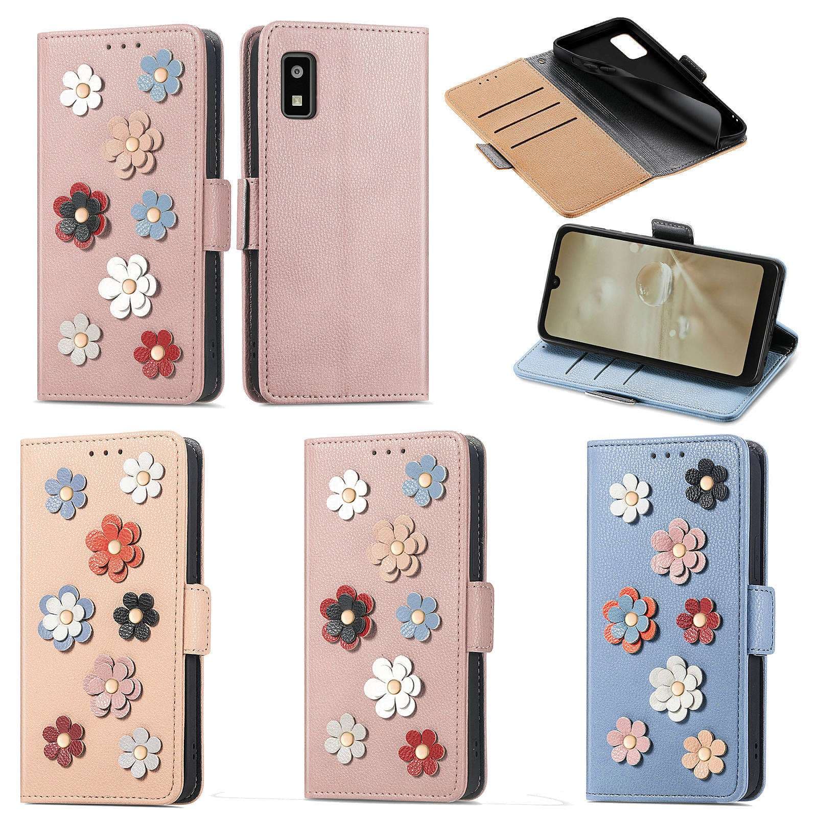 手帳型スマホケース  花飾り付き手帳型Galaxyケース