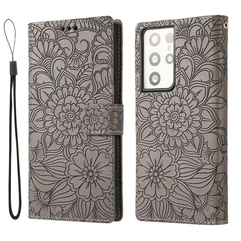 手帳型スマホケース  Galaxy花柄エンボス加工手帳型ケース