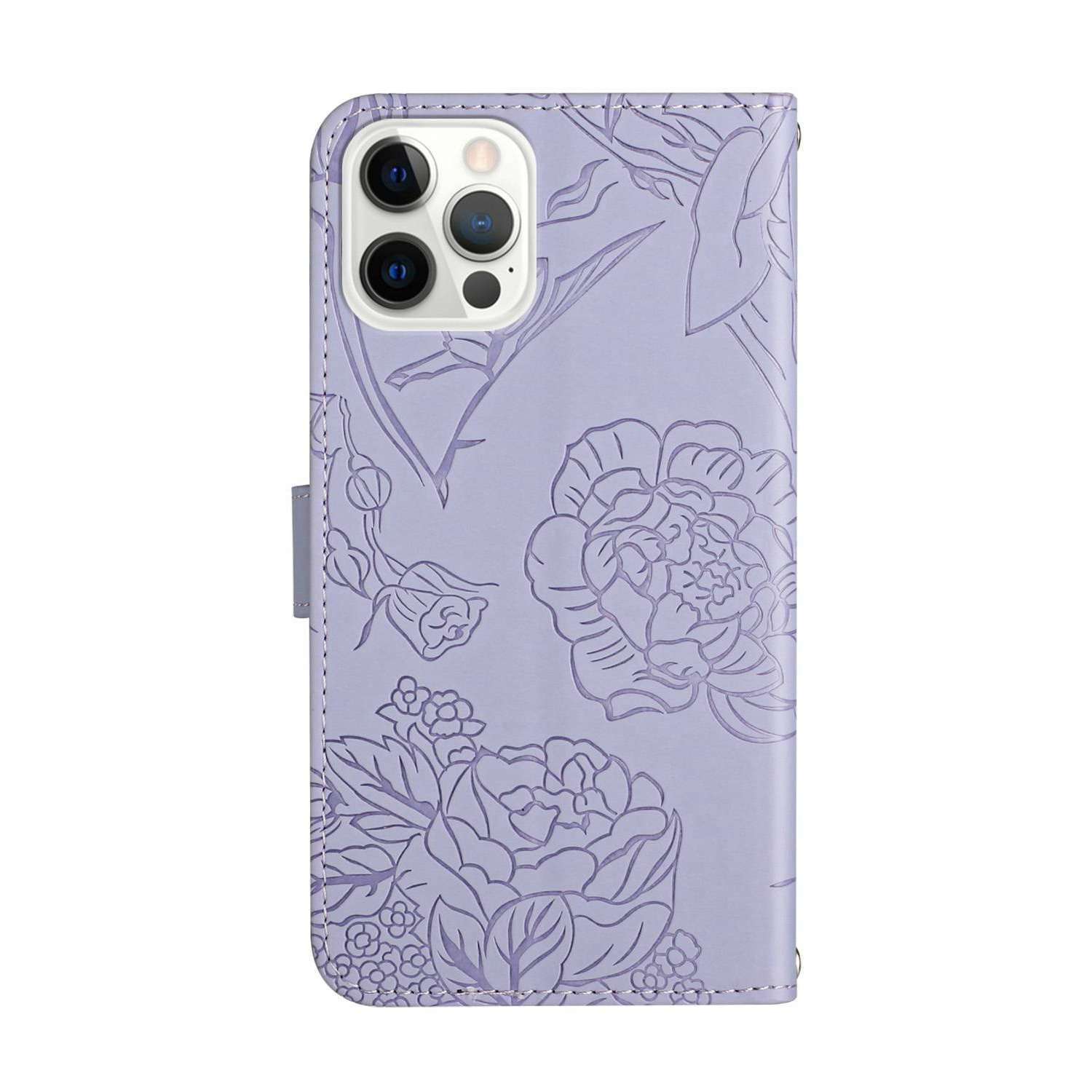 手帳型スマホケース  花と蝶の刻印入り手帳型iPhoneケース