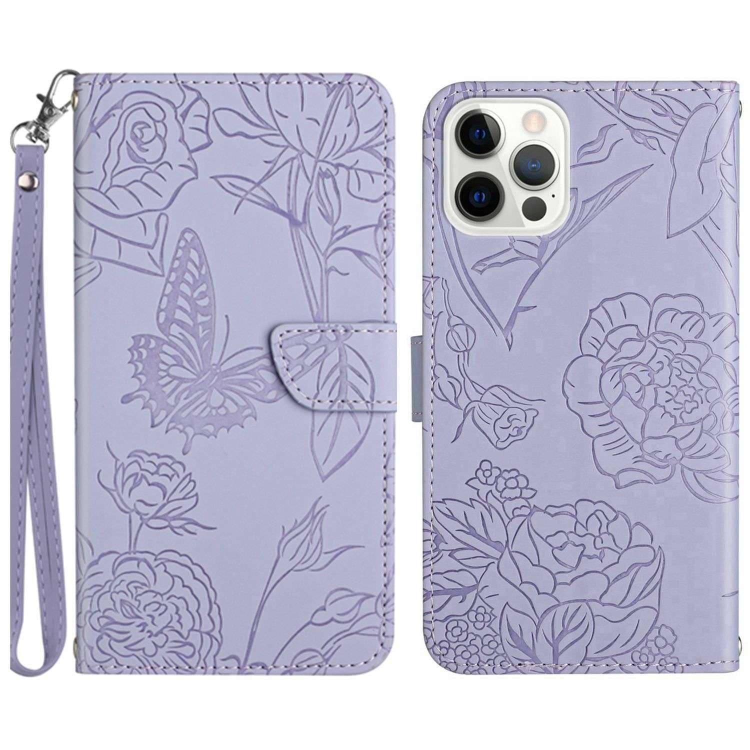 手帳型スマホケース  花と蝶の刻印入り手帳型iPhoneケース