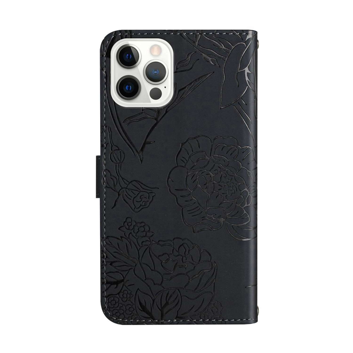 手帳型スマホケース  花と蝶の刻印入り手帳型iPhoneケース