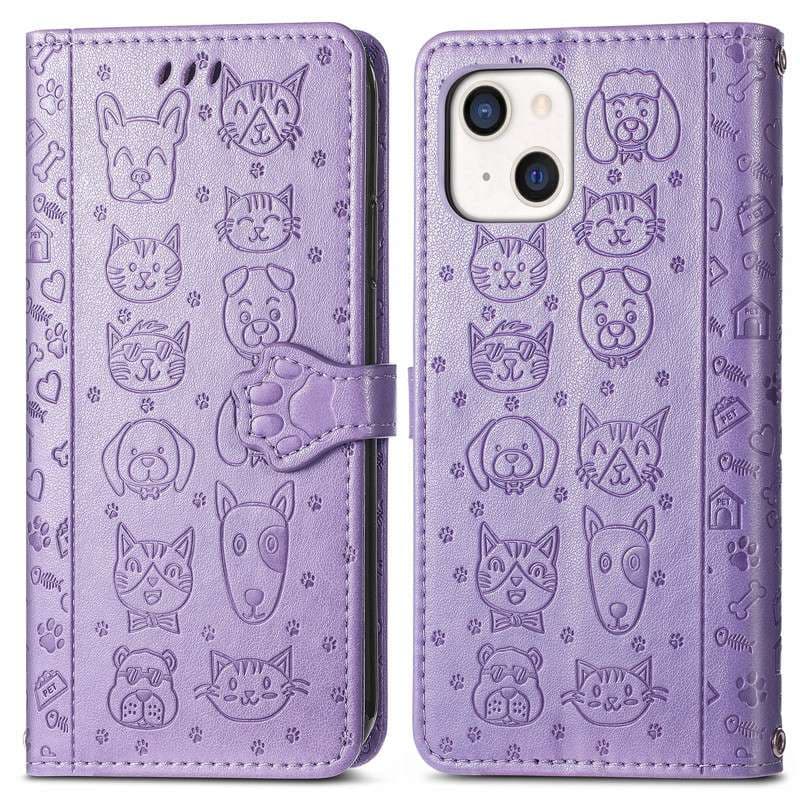 手帳型スマホケース  かわいい動物デザイン型押し手帳ケース