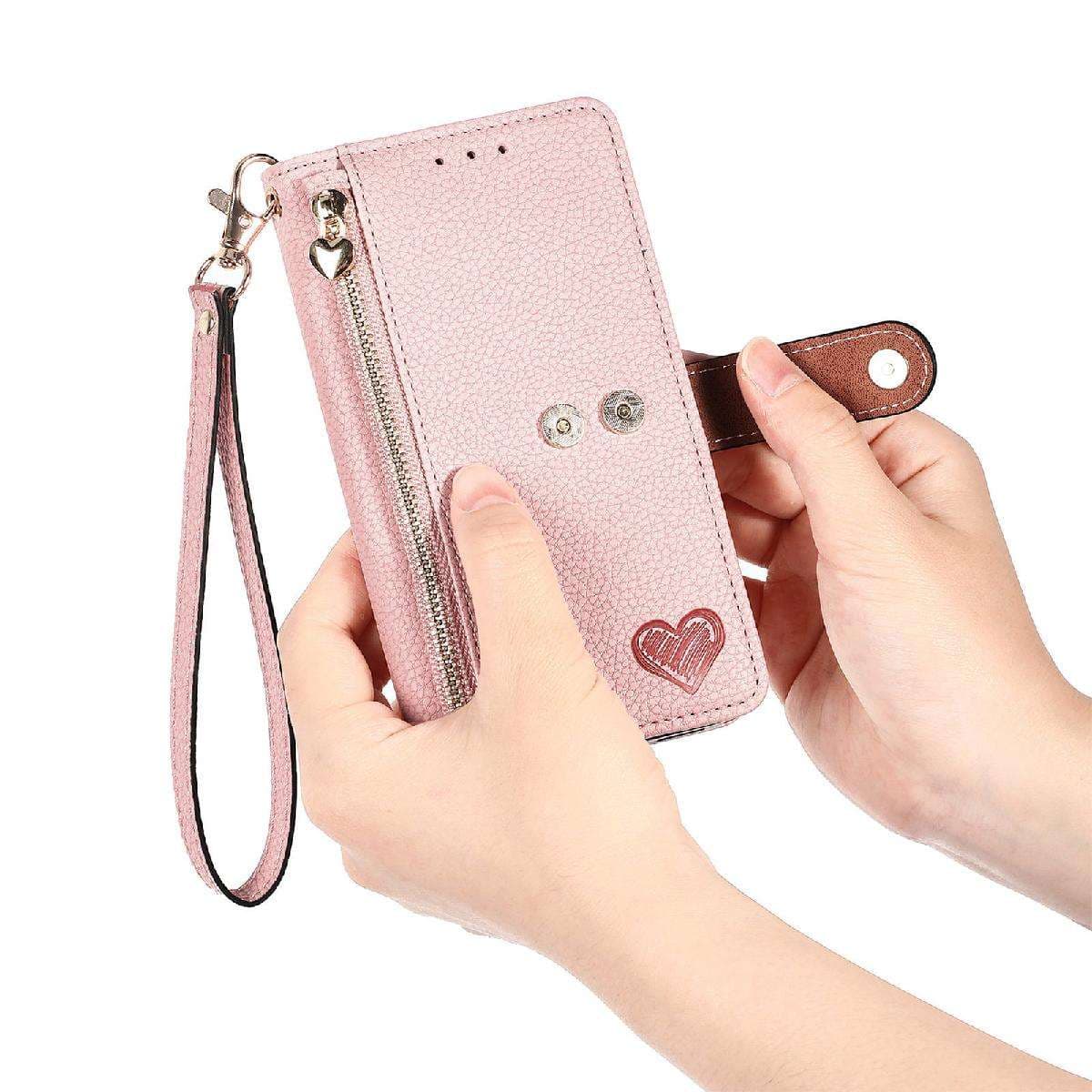 手帳型スマホケース  AQUOS用ハート柄ジッパー付き手帳型ケース