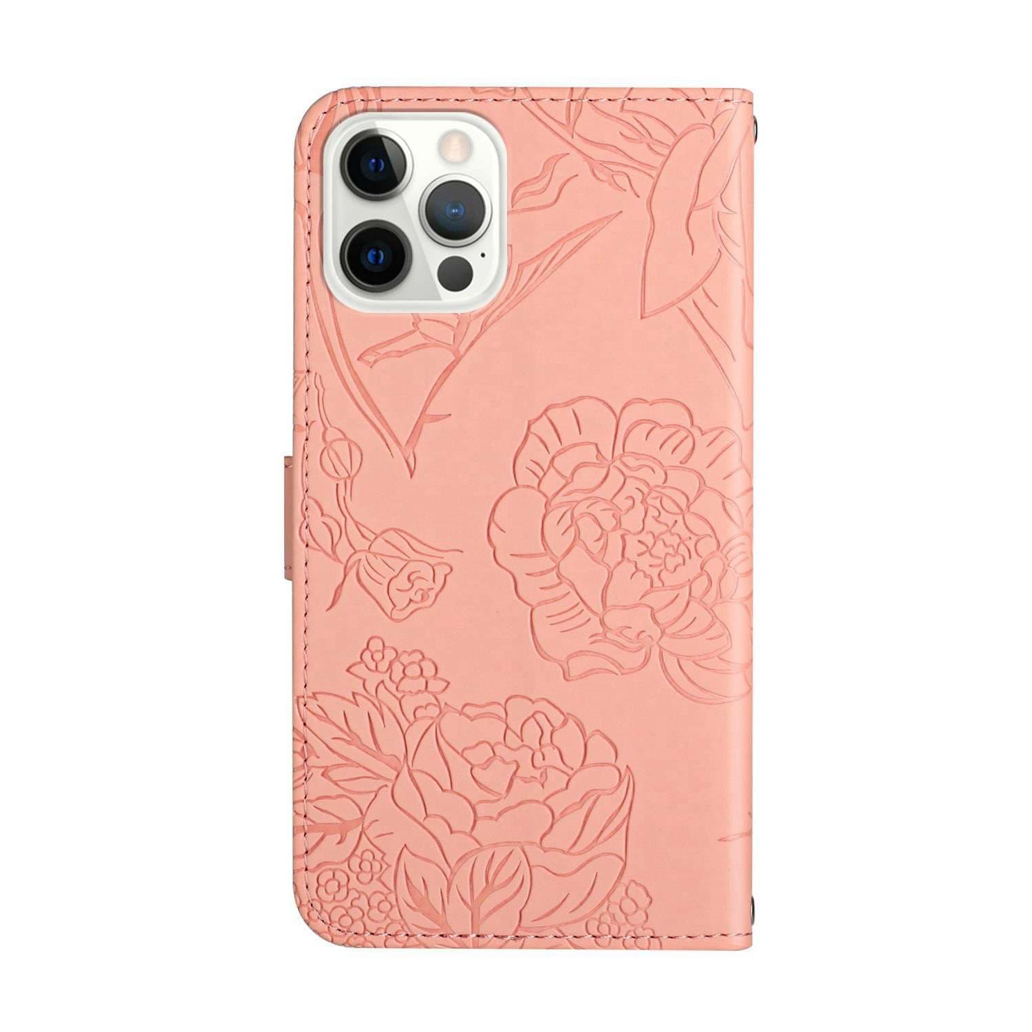 手帳型スマホケース  花と蝶の刻印入り手帳型iPhoneケース