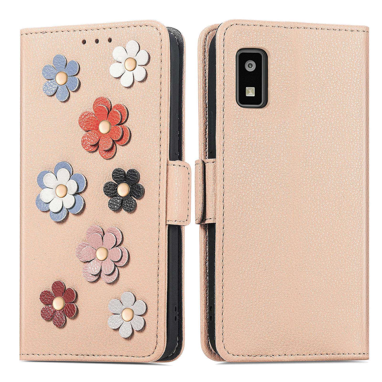 手帳型スマホケース  花飾り付き手帳型Galaxyケース