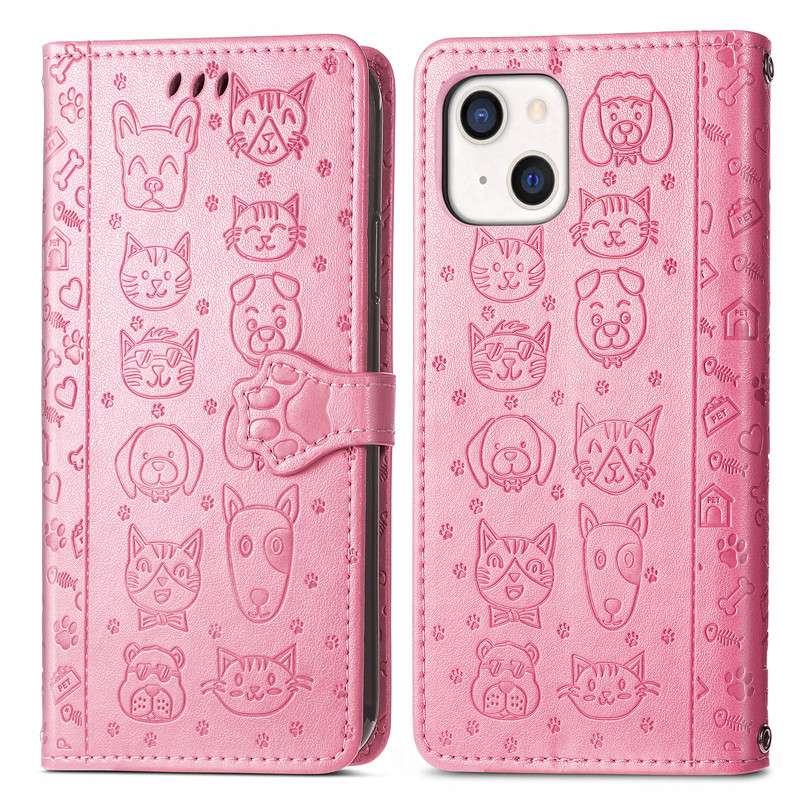 手帳型スマホケース  かわいい動物デザイン型押し手帳ケース
