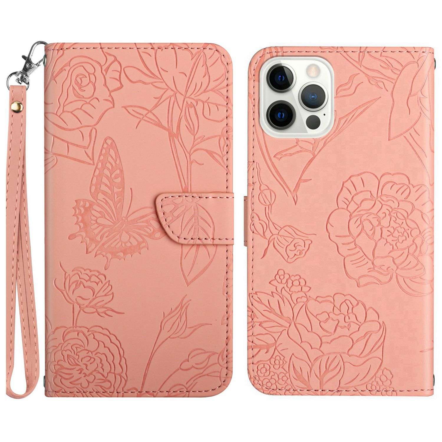 手帳型スマホケース  花と蝶の刻印入り手帳型iPhoneケース