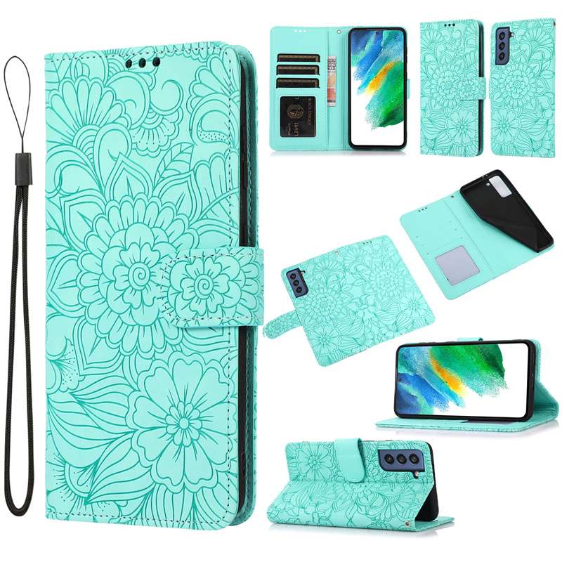 手帳型スマホケース  Galaxy花柄エンボス加工手帳型ケース
