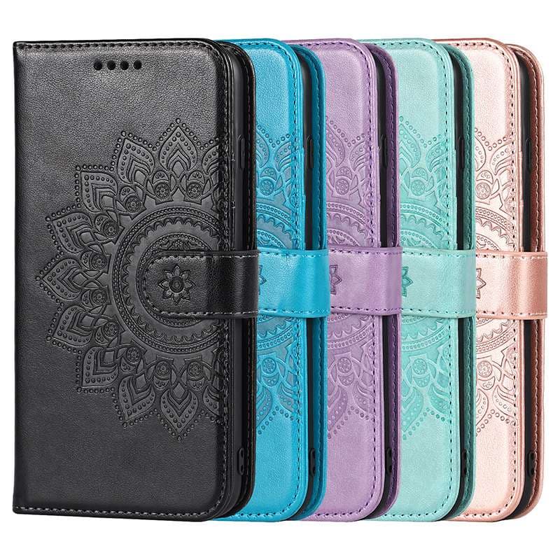 手帳型スマホケース  マンダラ柄エンボス加工レザー手帳型iPhoneケース
