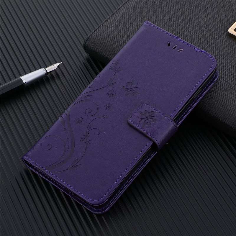 手帳型スマホケース AQUOS用 花蝶柄エンボス加工レザー手帳ケース