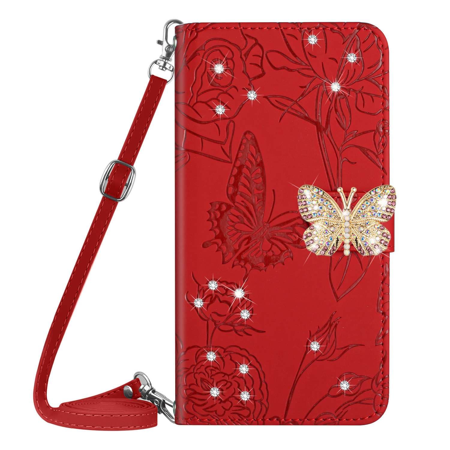 手帳型スマホケース 蝶々クリスタルチャーム付き花柄レザー手帳型ケース