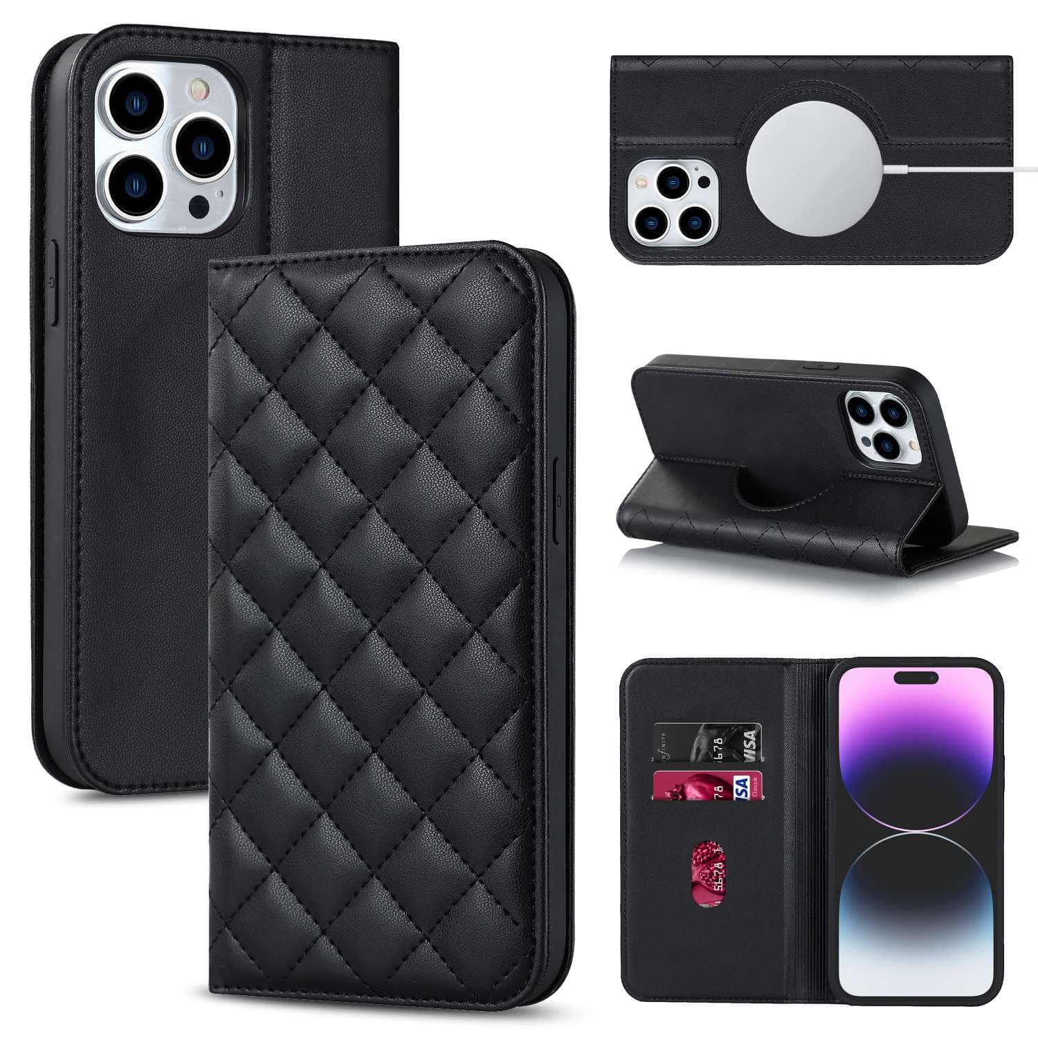 手帳型スマホケース 高級キルティング調レザー手帳型iPhoneケース