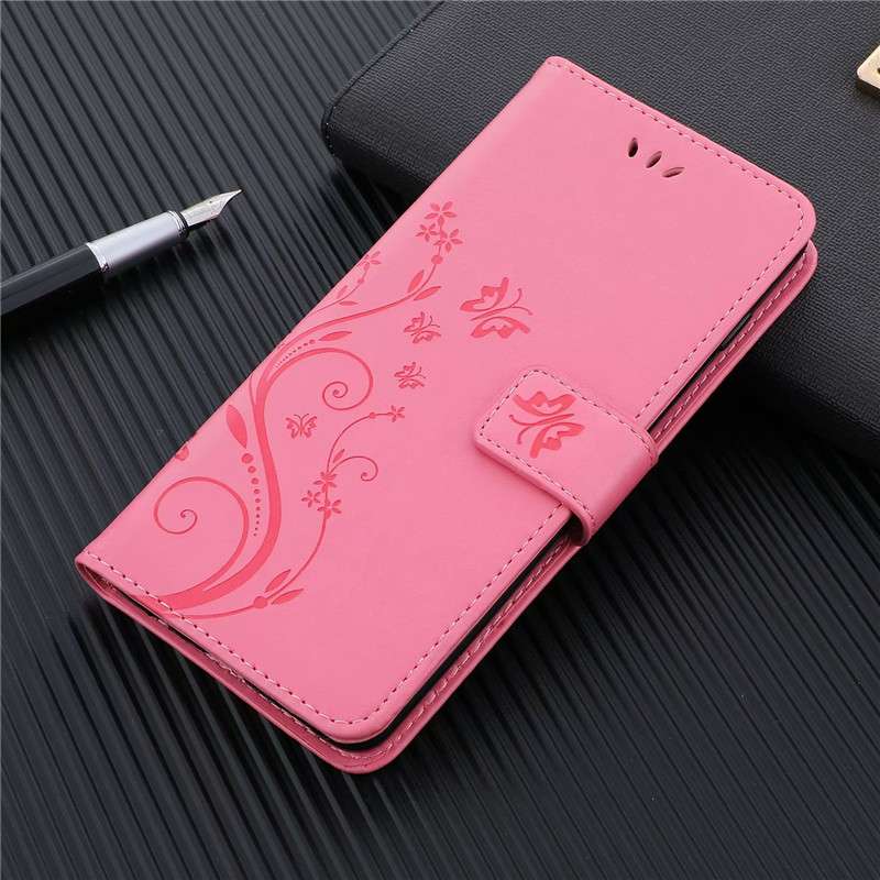 手帳型スマホケース AQUOS用 花蝶柄エンボス加工レザー手帳ケース