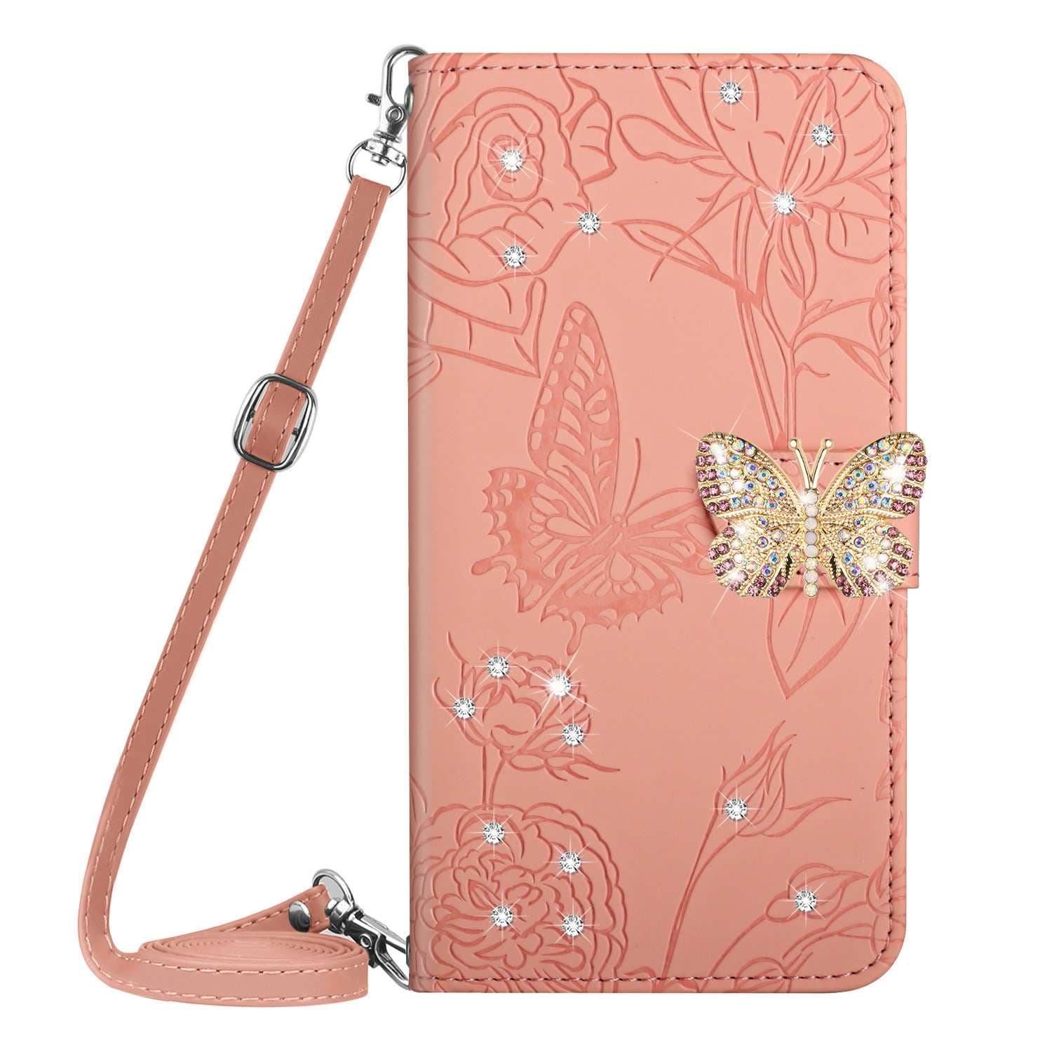 手帳型スマホケース 蝶々クリスタルチャーム付き花柄レザー手帳型ケース