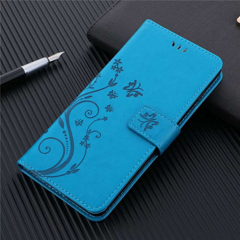 手帳型スマホケース AQUOS用 花蝶柄エンボス加工レザー手帳ケース