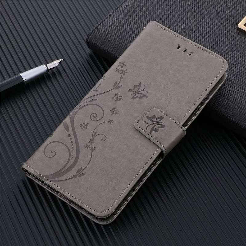 手帳型スマホケース AQUOS用 花蝶柄エンボス加工レザー手帳ケース