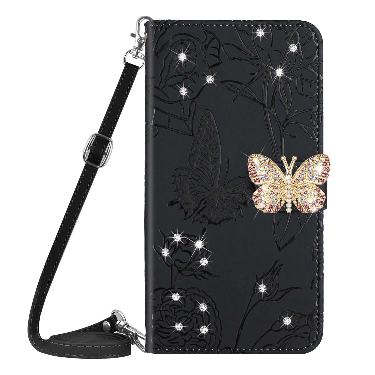 手帳型スマホケース 蝶々クリスタルチャーム付き花柄レザー手帳型ケース