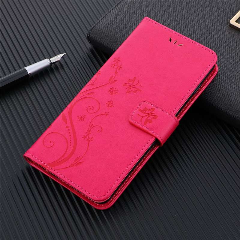 手帳型スマホケース AQUOS用 花蝶柄エンボス加工レザー手帳ケース
