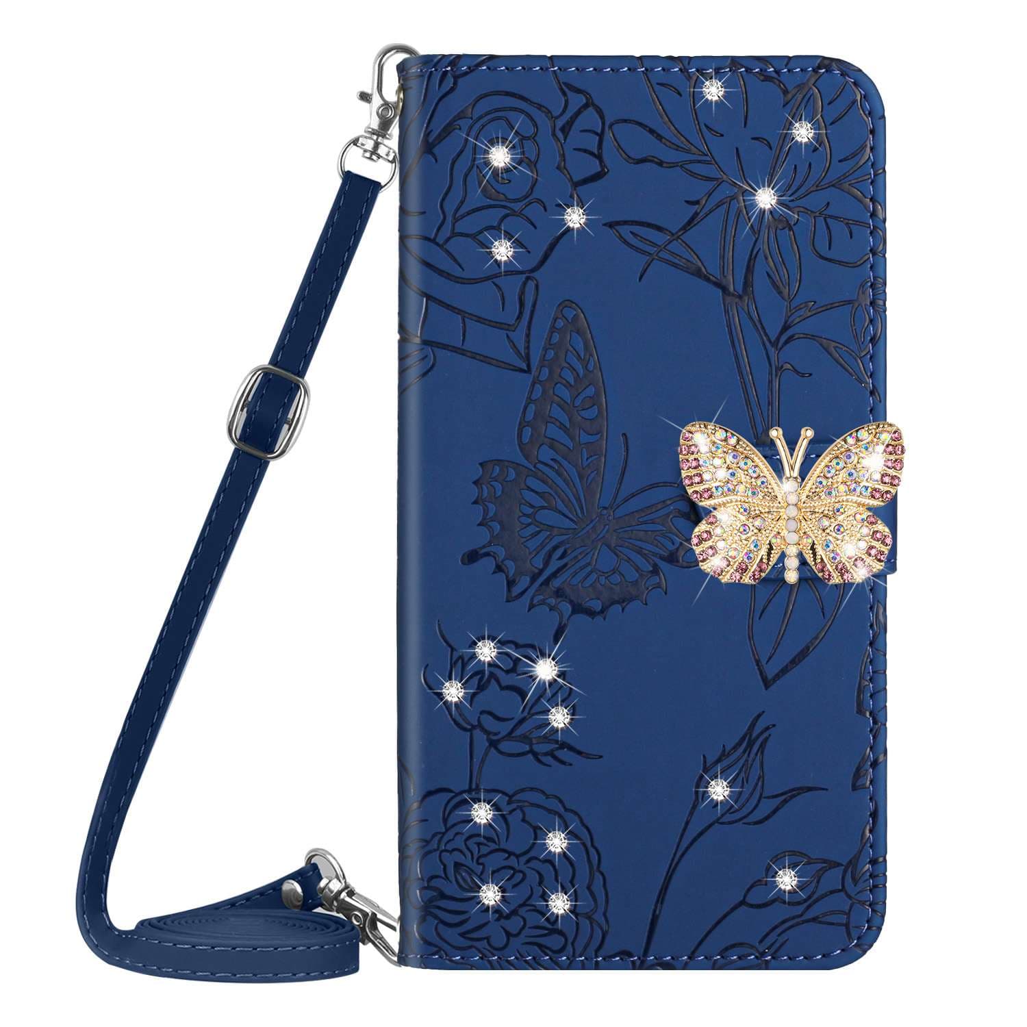 手帳型スマホケース 蝶々クリスタルチャーム付き花柄レザー手帳型ケース
