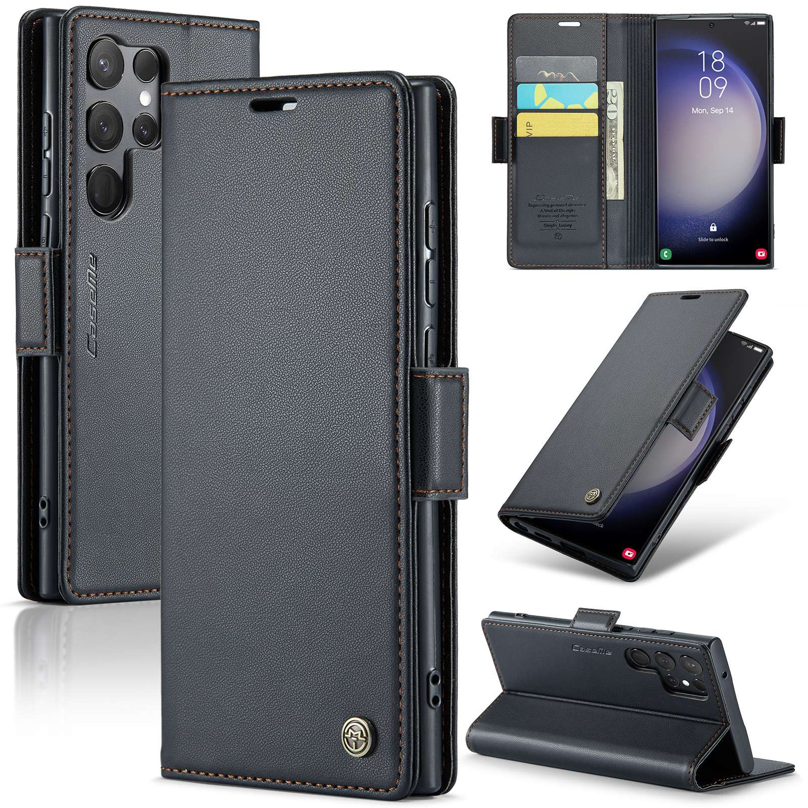 手帳型スマホケース 多機能レザーフォリオケース for Galaxy