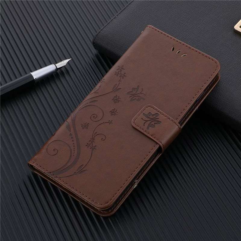 手帳型スマホケース AQUOS用 花蝶柄エンボス加工レザー手帳ケース