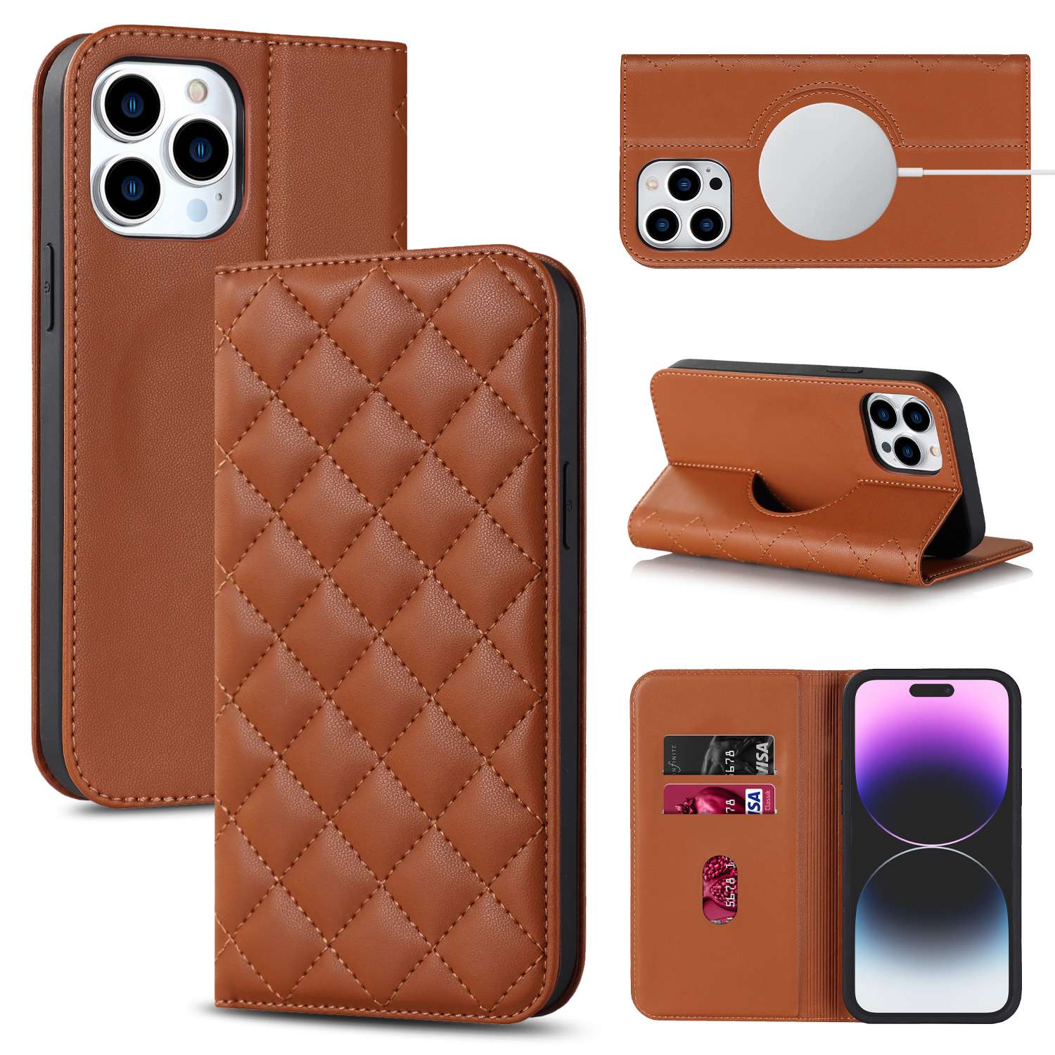 手帳型スマホケース 高級キルティング調レザー手帳型iPhoneケース
